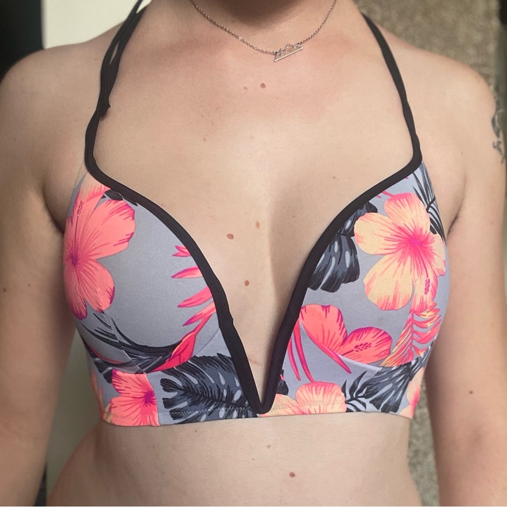 Pink grey and pink floral halter swim top